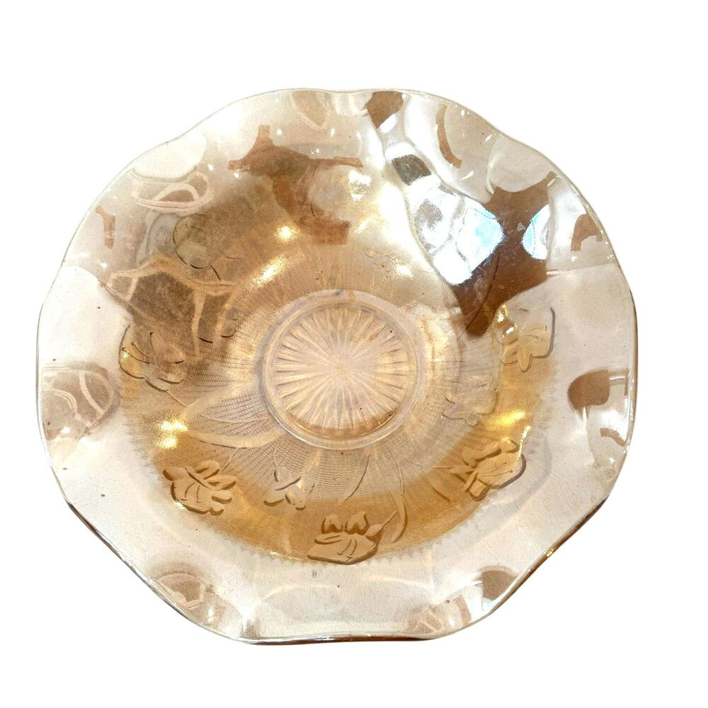 Vintage 1950s Jeannette Floragold Louisa 11" Ruffled Iridescent Glass Bowl